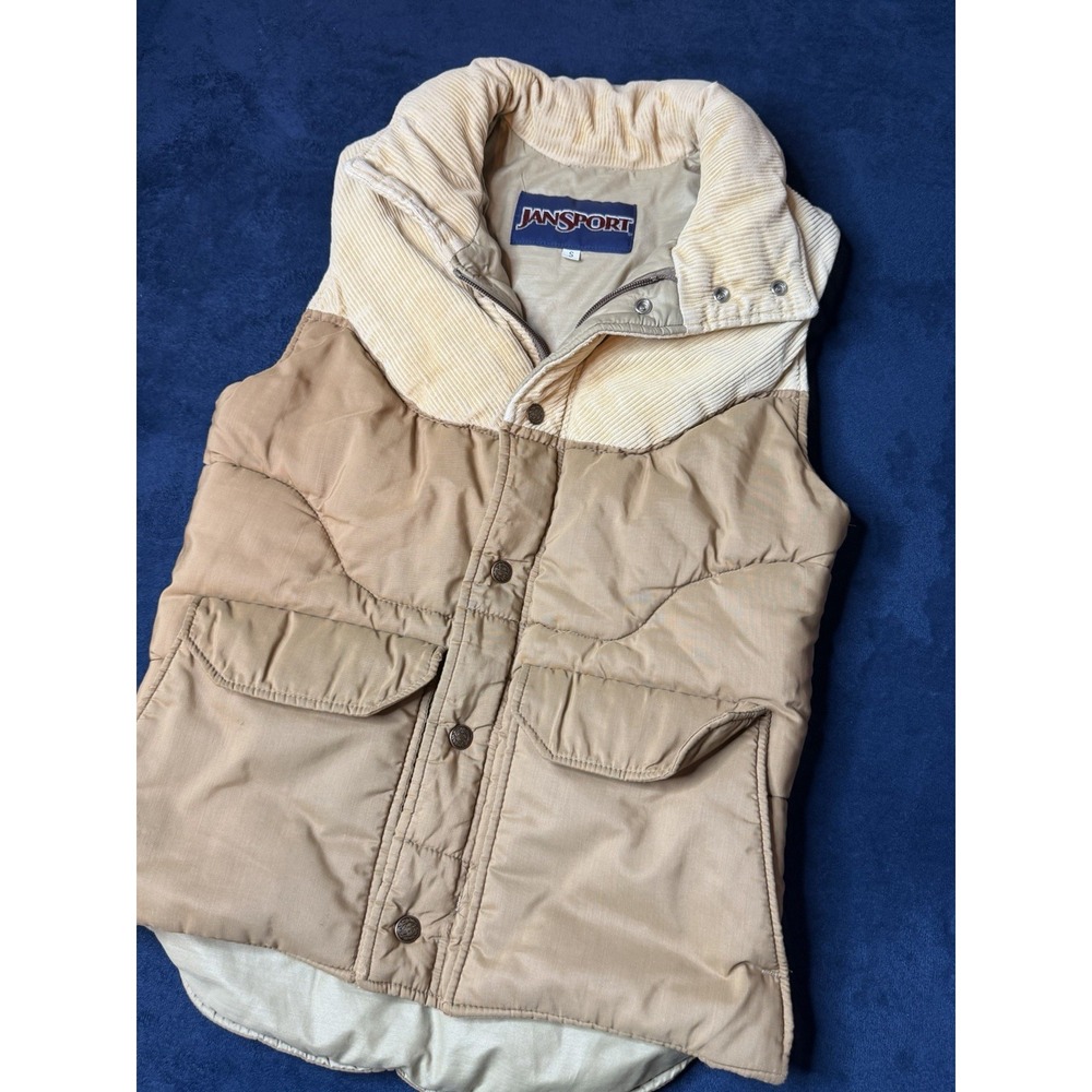 Jansport Vintage Tan Brown Yoke Corduroy 2 Tone Puffer Vest Women’s Sz Small